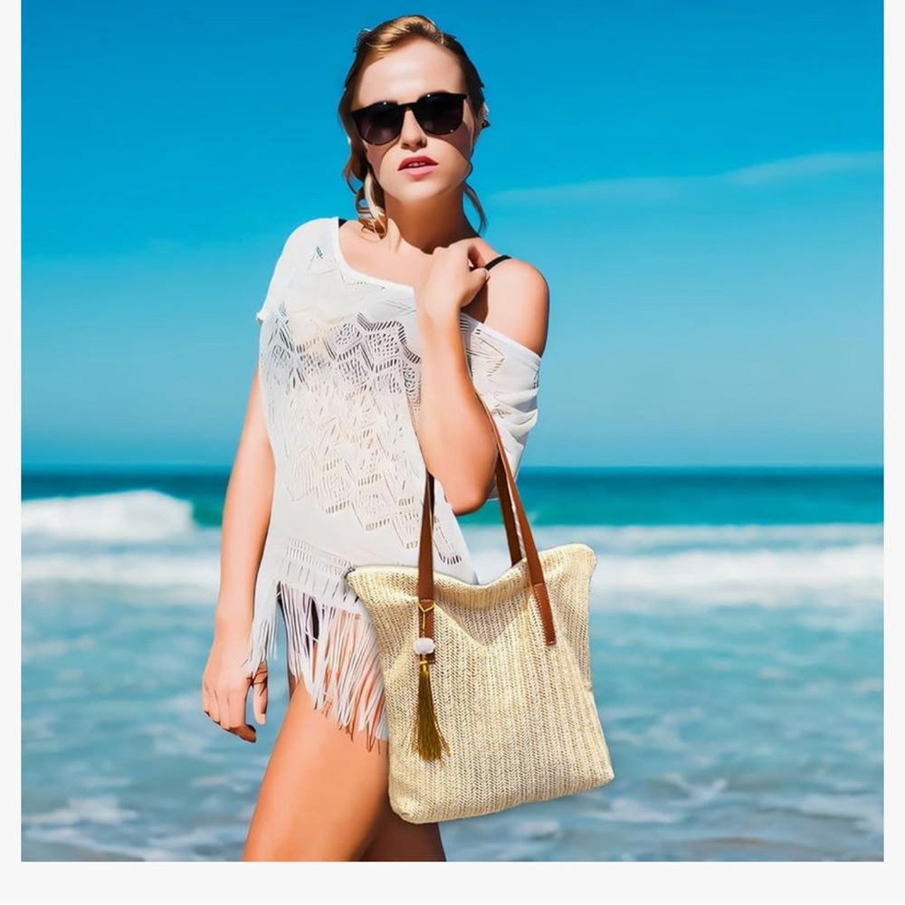 🆕 Straw Beach Bags for Women, Large Woven Tote Bag - Picture 5 of 7
